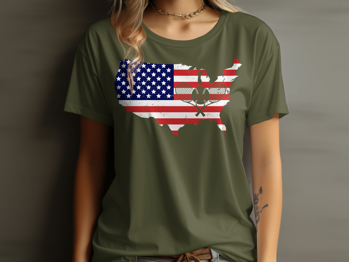 T-shirt with USA map in American flag colors and crossed tennis rackets.