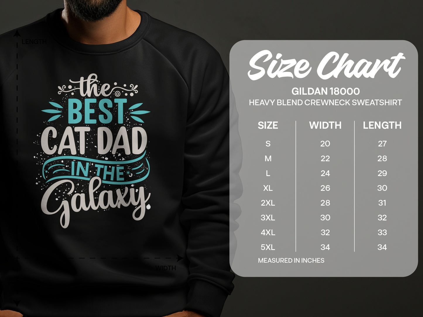 Sweatshirt with "The Best Cat Dad in the Galaxy" text and size chart.