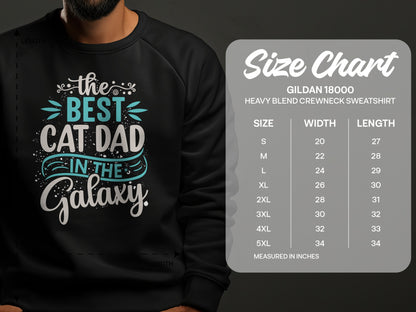 Sweatshirt with "The Best Cat Dad in the Galaxy" text and size chart.