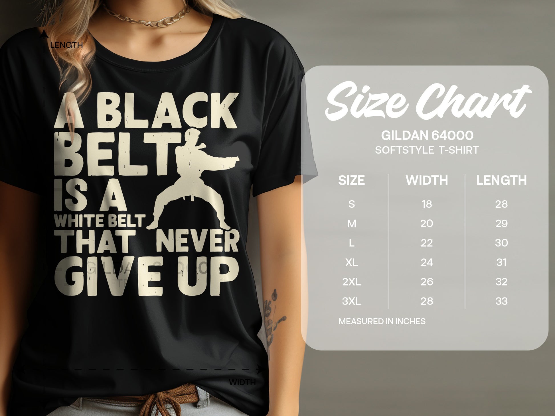 Black belt white belt never give up graphic tee with size chart.