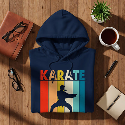 Navy blue hoodie with "KARATE" text and silhouette of a karate fighter.