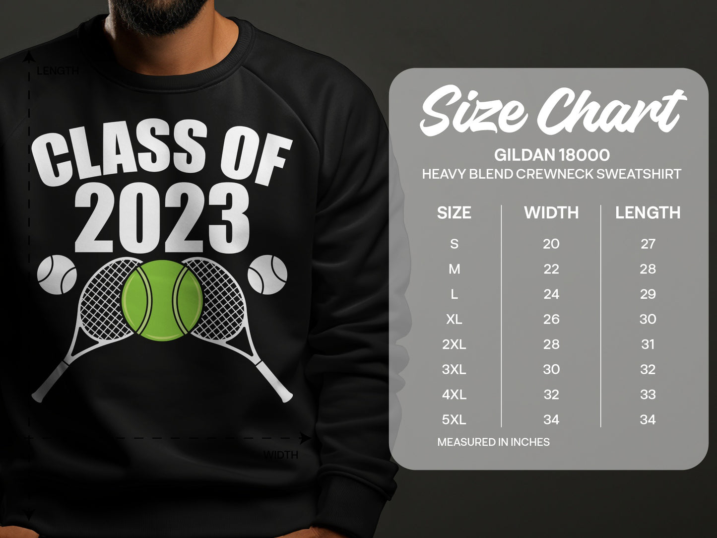 Crewneck sweatshirt size chart for Gildan 18000 heavy blend, measured in inches.