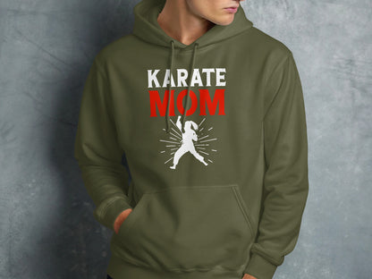 Green hoodie with "KARATE MOM" text and a karate silhouette.