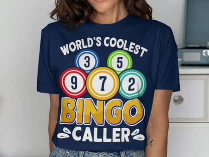 Navy t-shirt with "World's Coolest Bingo Caller" and numbered bingo balls.
