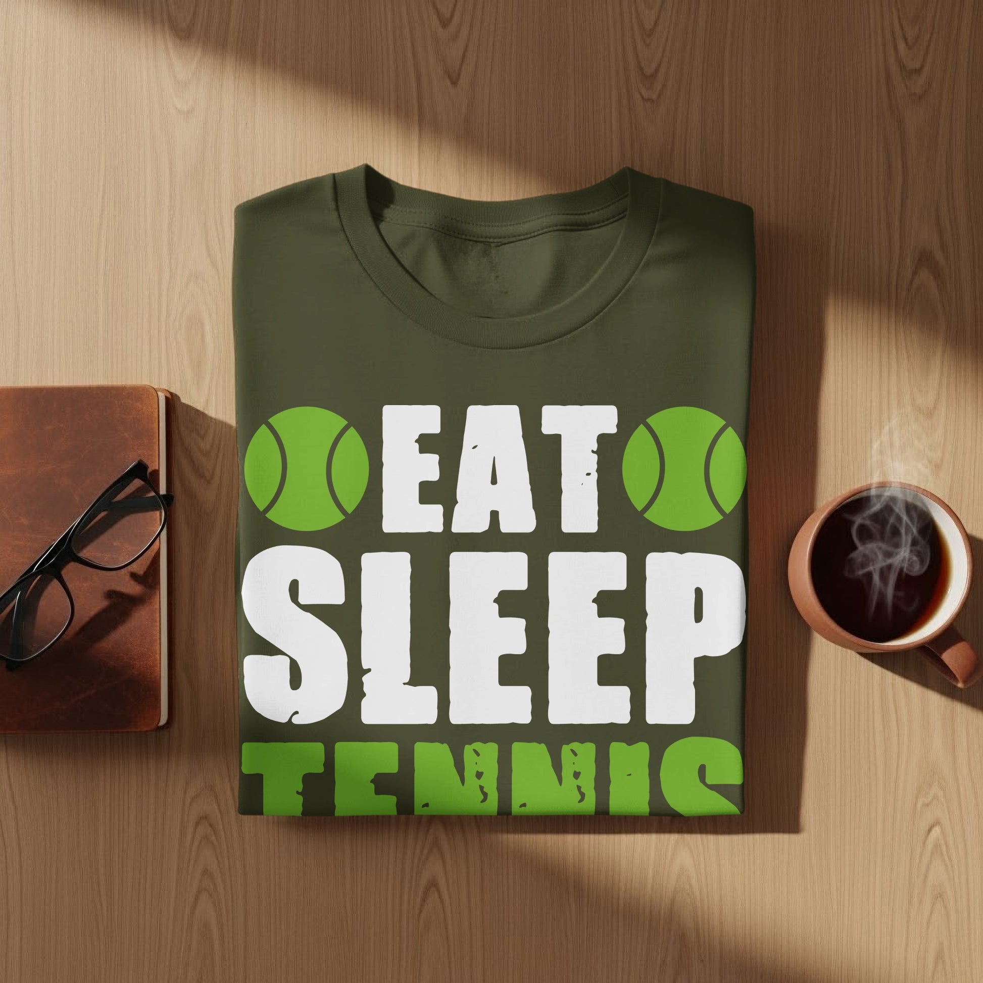 Olive green t-shirt with "EAT SLEEP TENNIS" and tennis ball graphics.