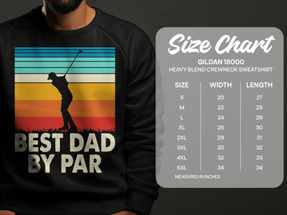 Gildan 18000 sweatshirt size chart with a golfer graphic.
