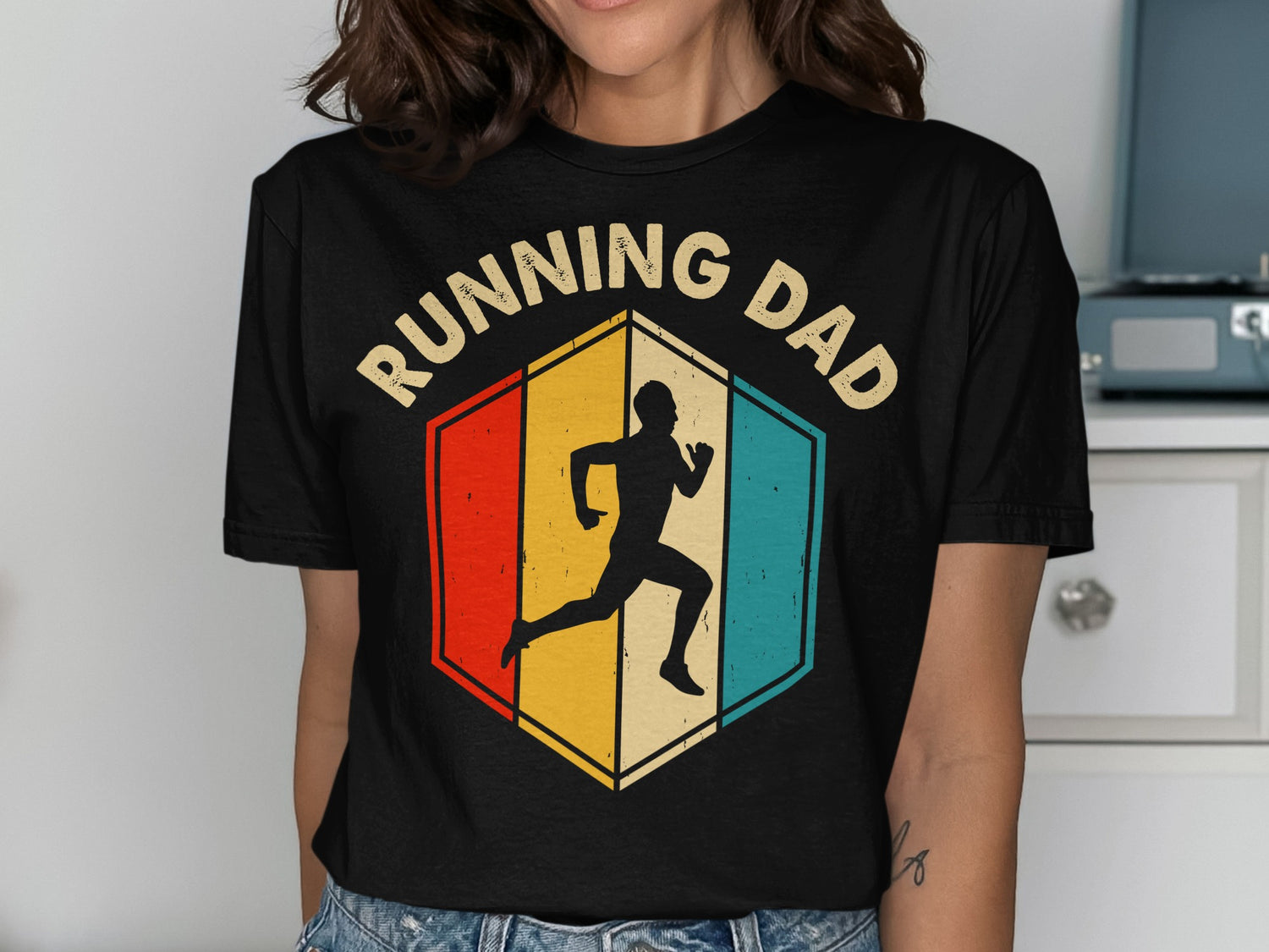 Hexagon graphic with running man silhouette and "RUNNING DAD" text.