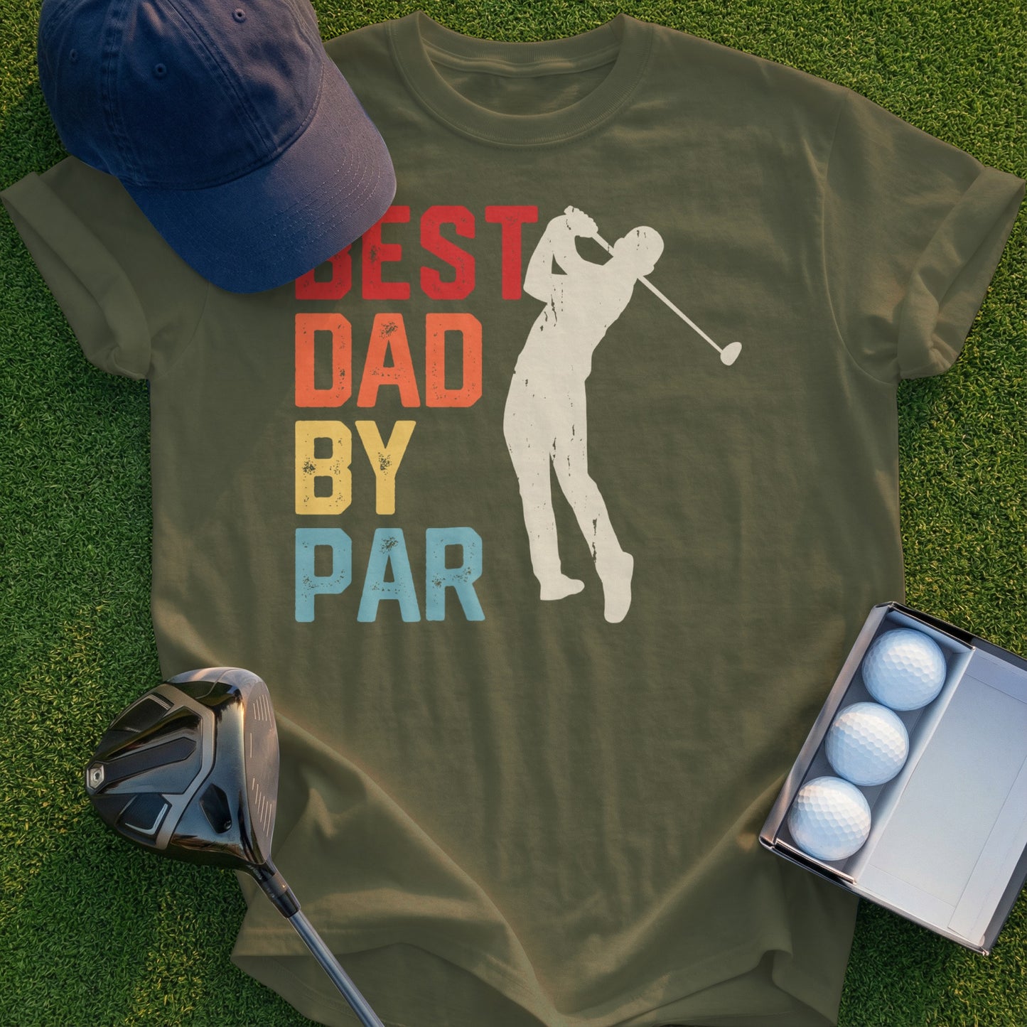 Olive t-shirt with "Best Dad by Par" text and golfer silhouette.