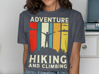 Dark grey t-shirt with abstract mountain sunset and "Hiking and Climbing" text.