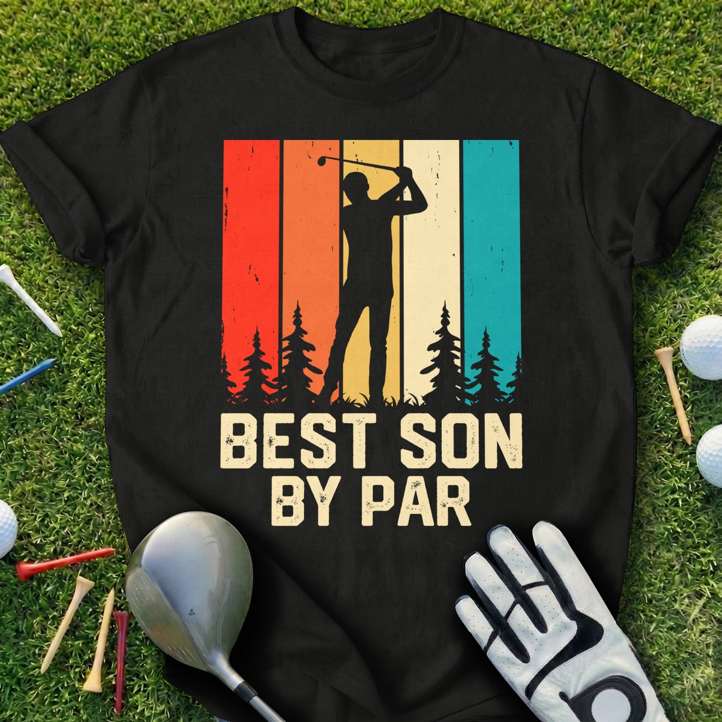Black t-shirt with "Best Son By Par" text and golfer silhouette design.