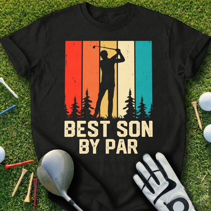 Black t-shirt with "Best Son By Par" text and golfer silhouette design.