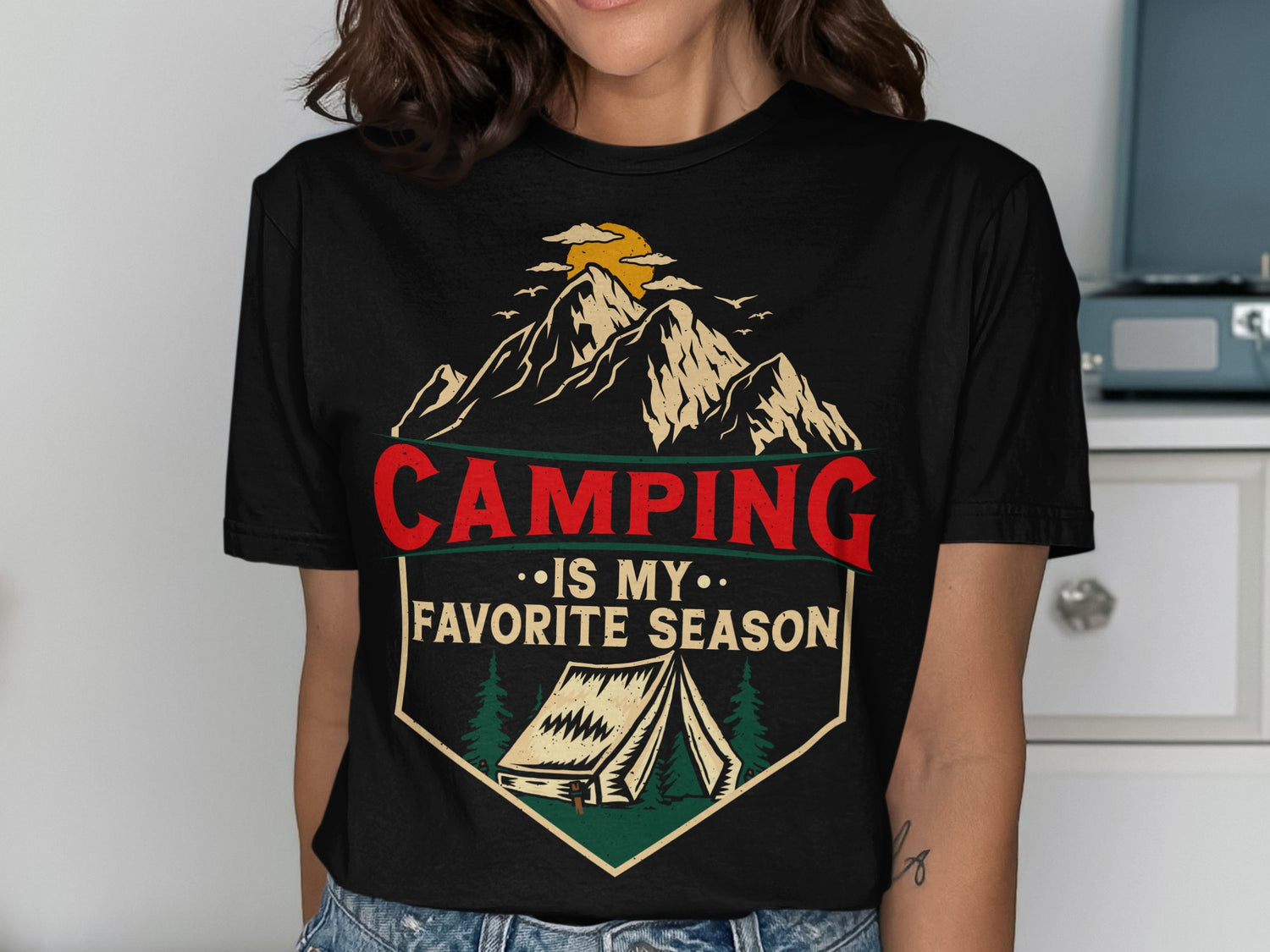 Black t-shirt with mountains, tent, and "Camping is my favorite season" text.