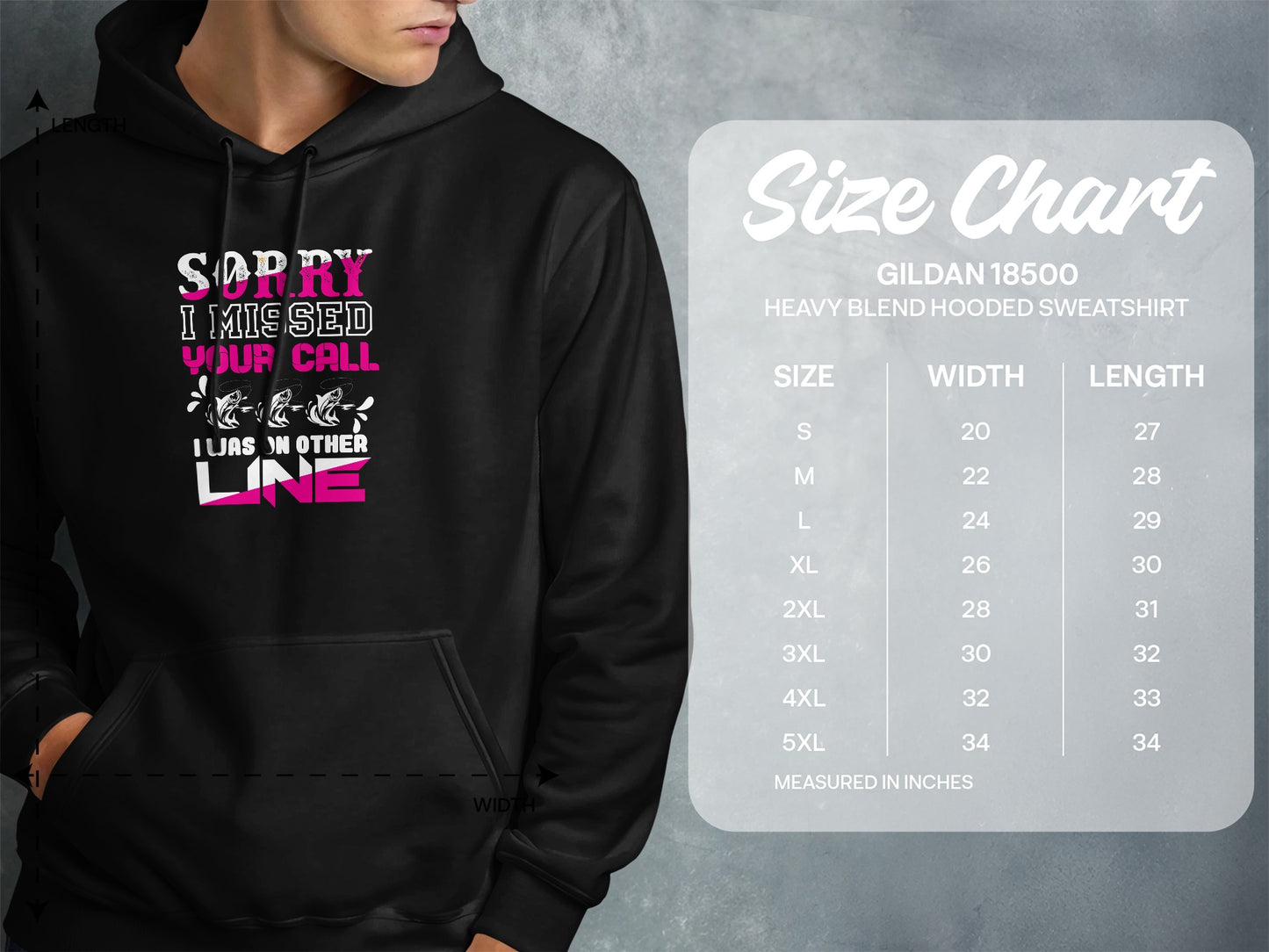 Hooded sweatshirt with "Sorry I missed your call" graphic and size chart.
