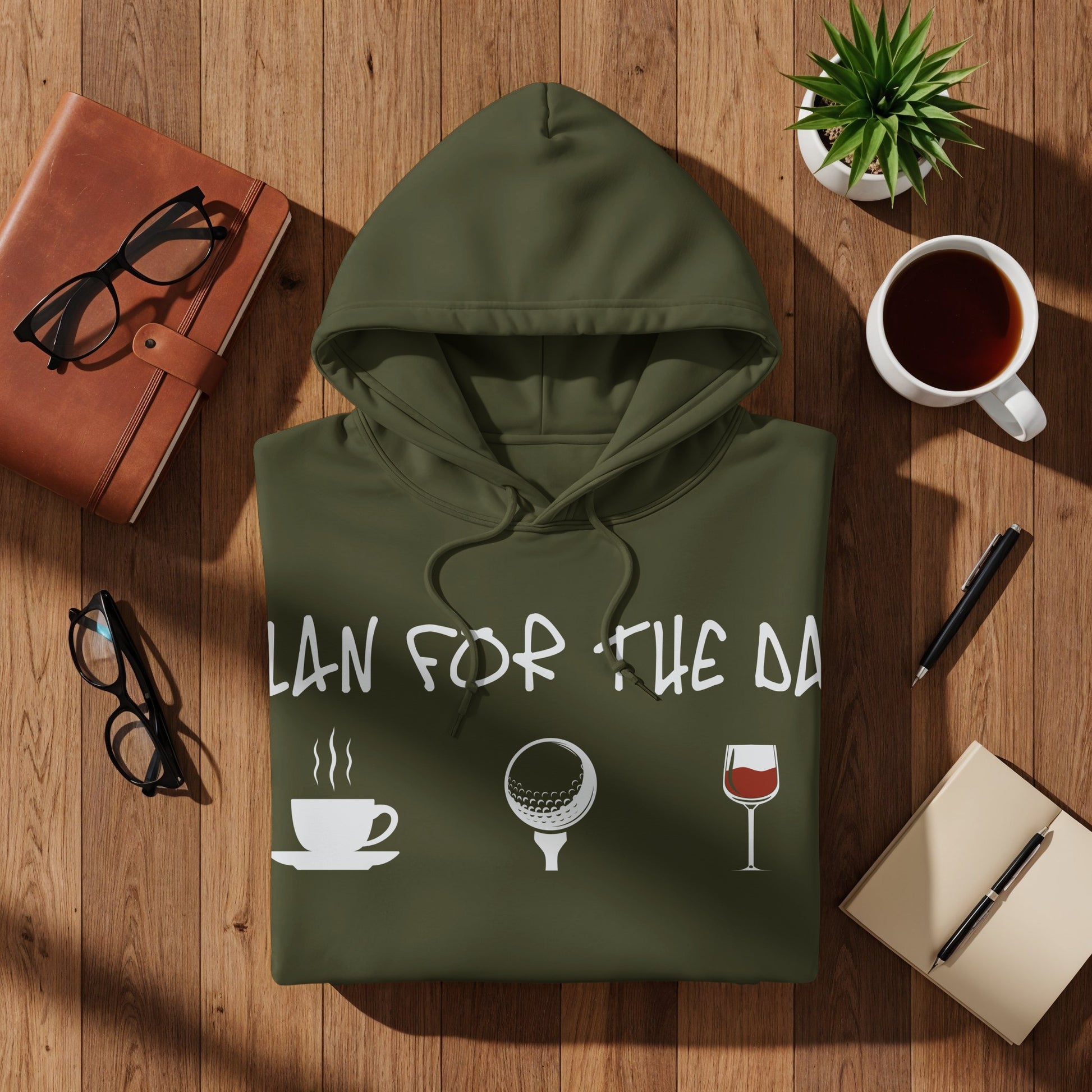 Olive hoodie with "LAN FOR THE DA" text and golf/drink graphics.