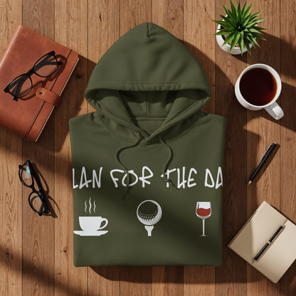 Olive hoodie with "LAN FOR THE DA" text and golf/drink graphics.