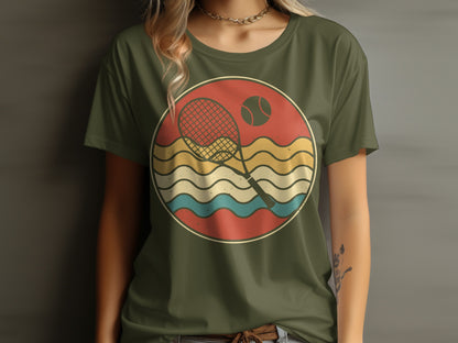 Retro tennis graphic with racket, ball, and waves on a t-shirt.
