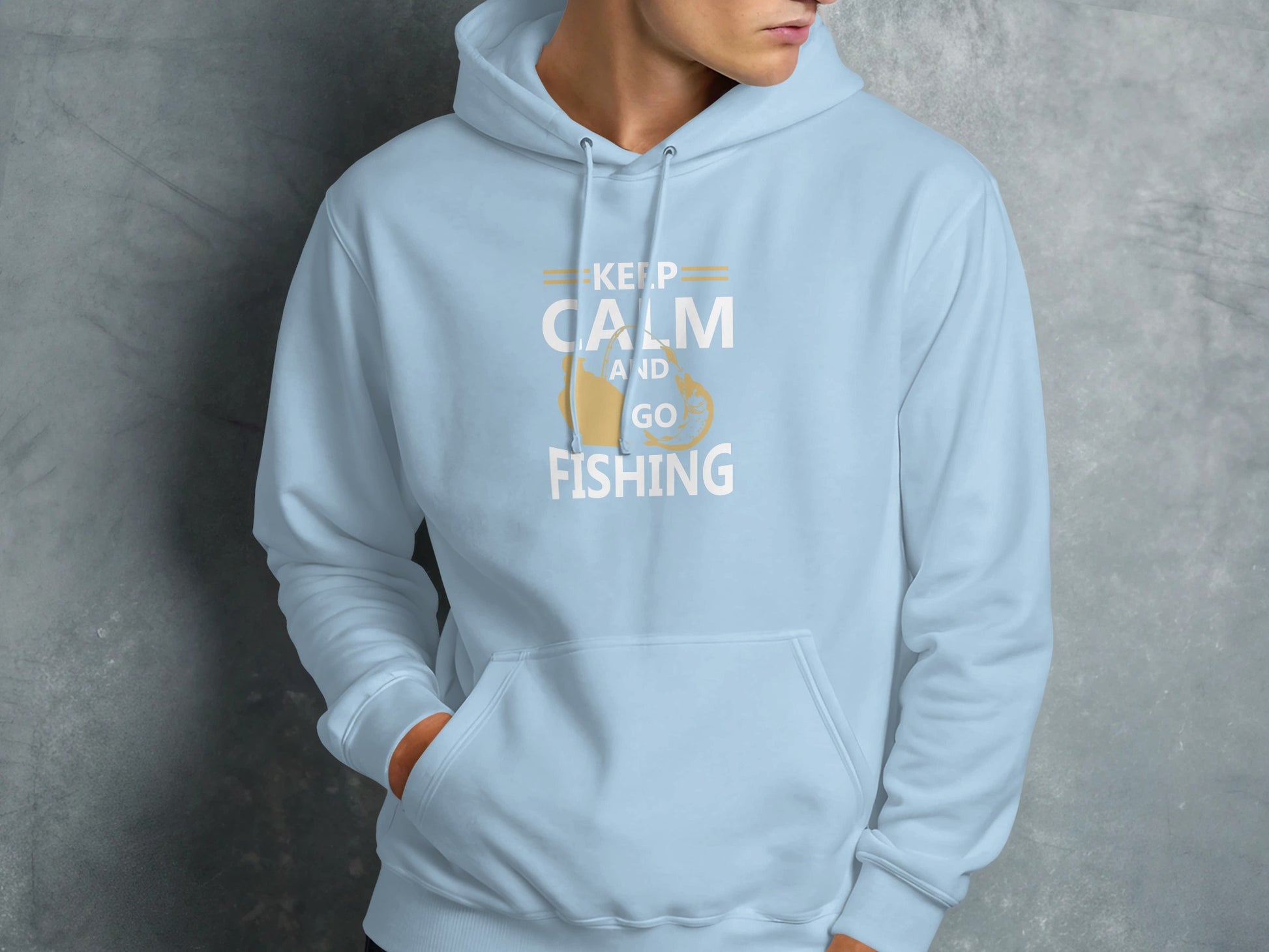 Light blue hoodie with "Keep Calm and Go Fishing" text and fish graphic.