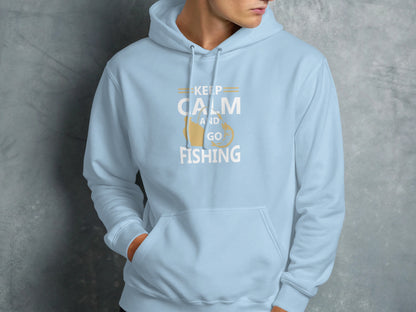 Light blue hoodie with "Keep Calm and Go Fishing" text and fish graphic.