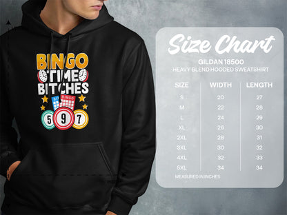 Hooded sweatshirt with "Bingo Time Bitches" graphic and size chart.