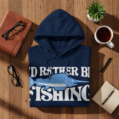 Navy hoodie with "I'd rather be fishing" text and marlin graphic.