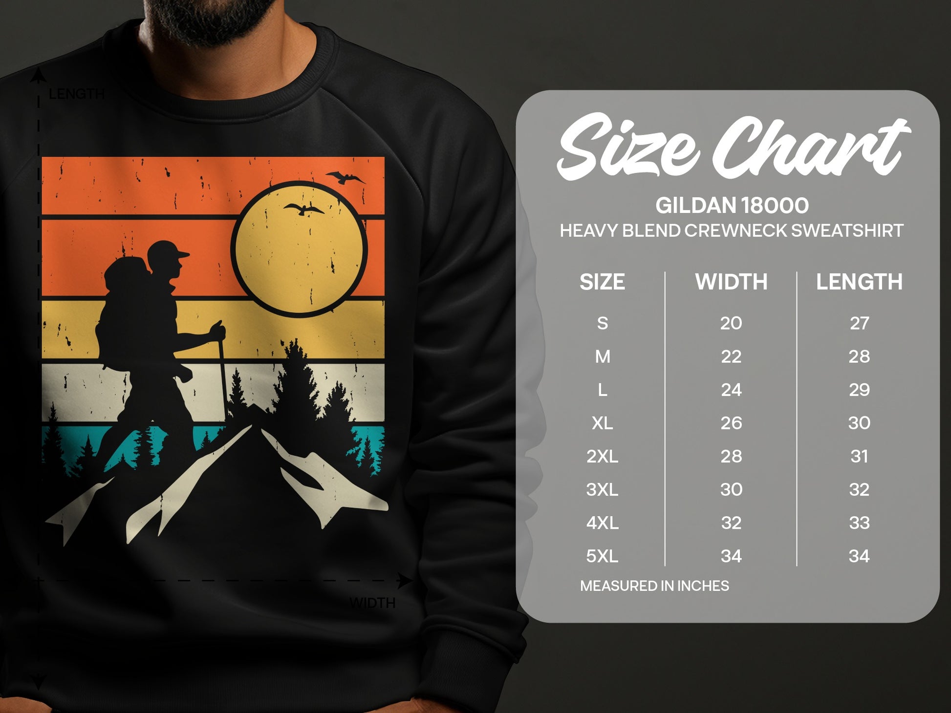 Gildan 18000 sweatshirt size chart with measurements in inches.