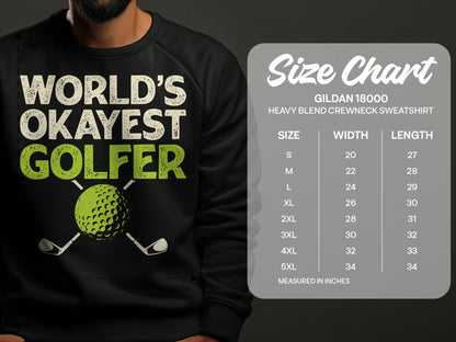 Crewneck sweatshirt size chart with "World's Okayest Golfer" graphic.