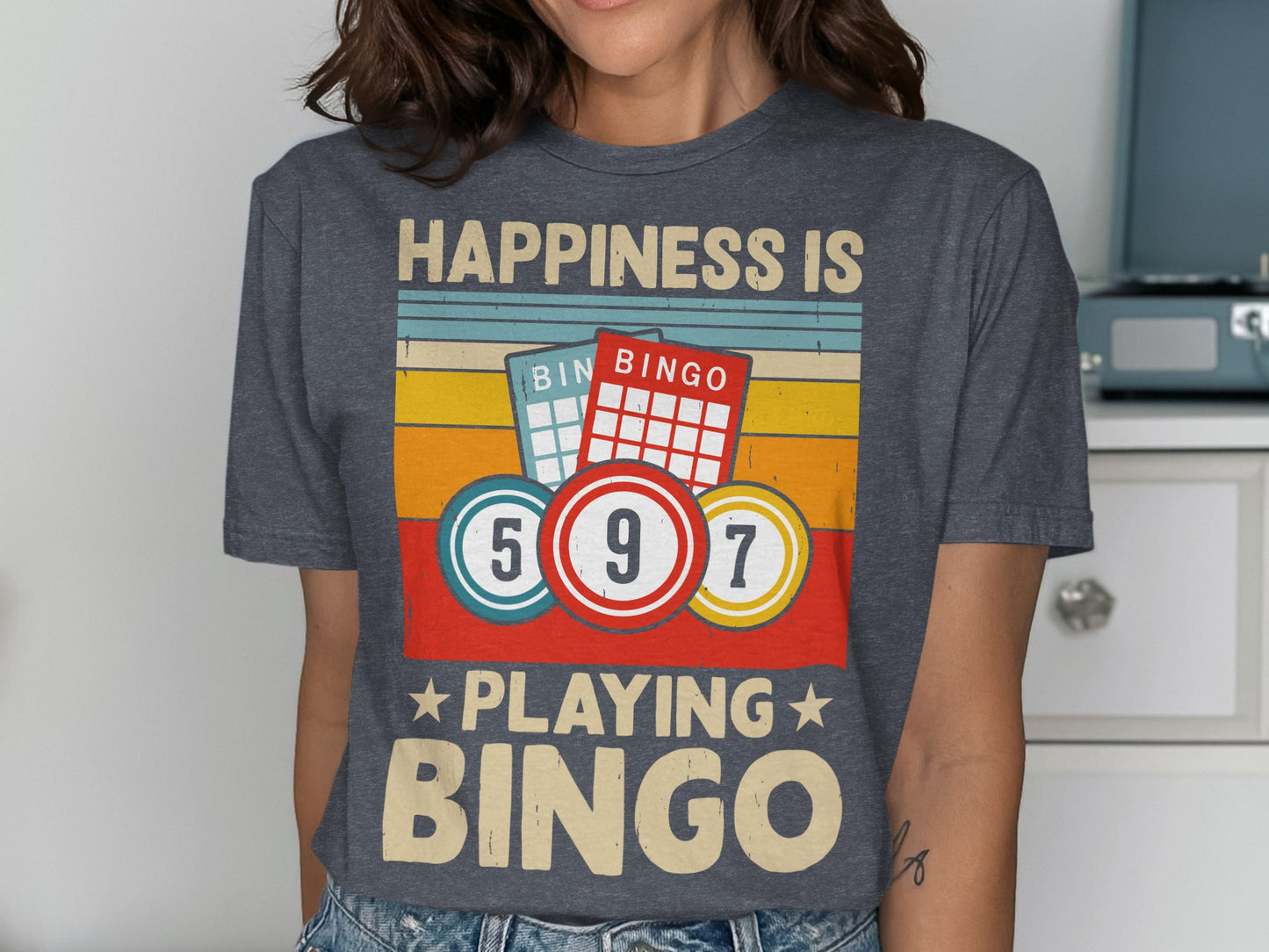 Gray t-shirt with "Happiness is Playing Bingo" text and bingo cards and balls.