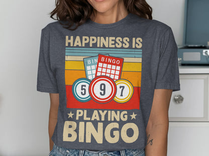 Gray t-shirt with "Happiness is Playing Bingo" text and bingo cards and balls.