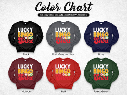 Gildan 18000 crewneck sweatshirts color chart showing black, heather, navy, maroon, red, and green.