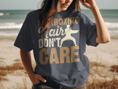 T-shirt with "Kickboxing Hair Don't Care" text and silhouette of a fighter.