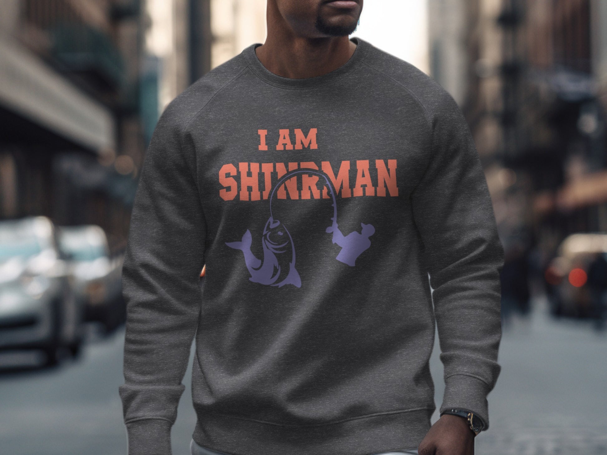 Gray sweatshirt with "I AM FISHIN' MAN" text and fish graphic.
