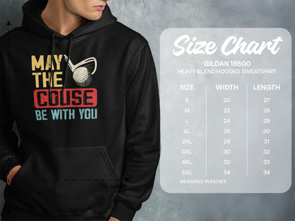 Hoodie graphic with text "May the couse be with you" and size chart.