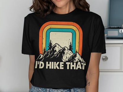 Black t-shirt with "I'D HIKE THAT" text and mountain, rainbow graphic.