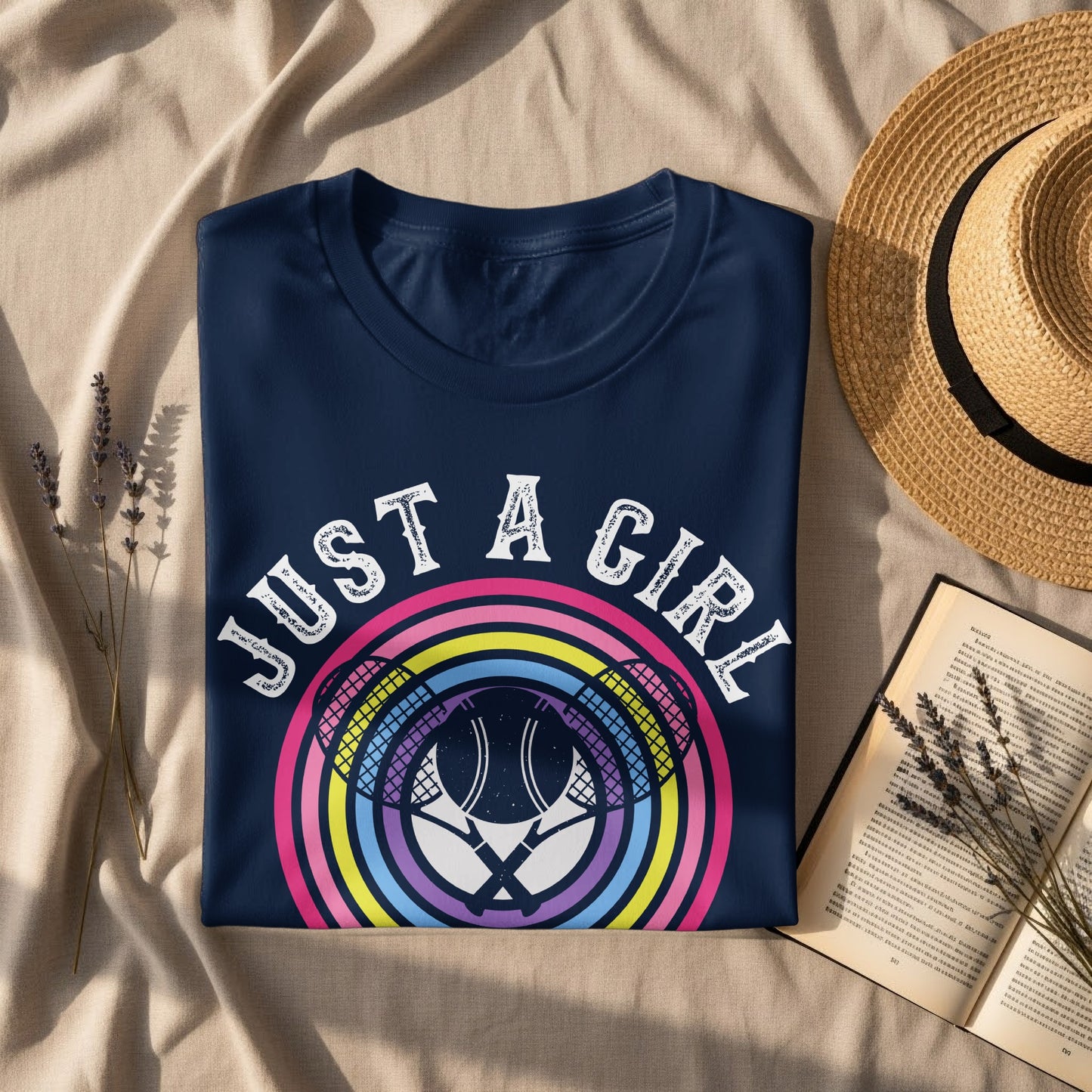 Navy t-shirt with "JUST A GIRL" text and colorful tennis rackets graphic.