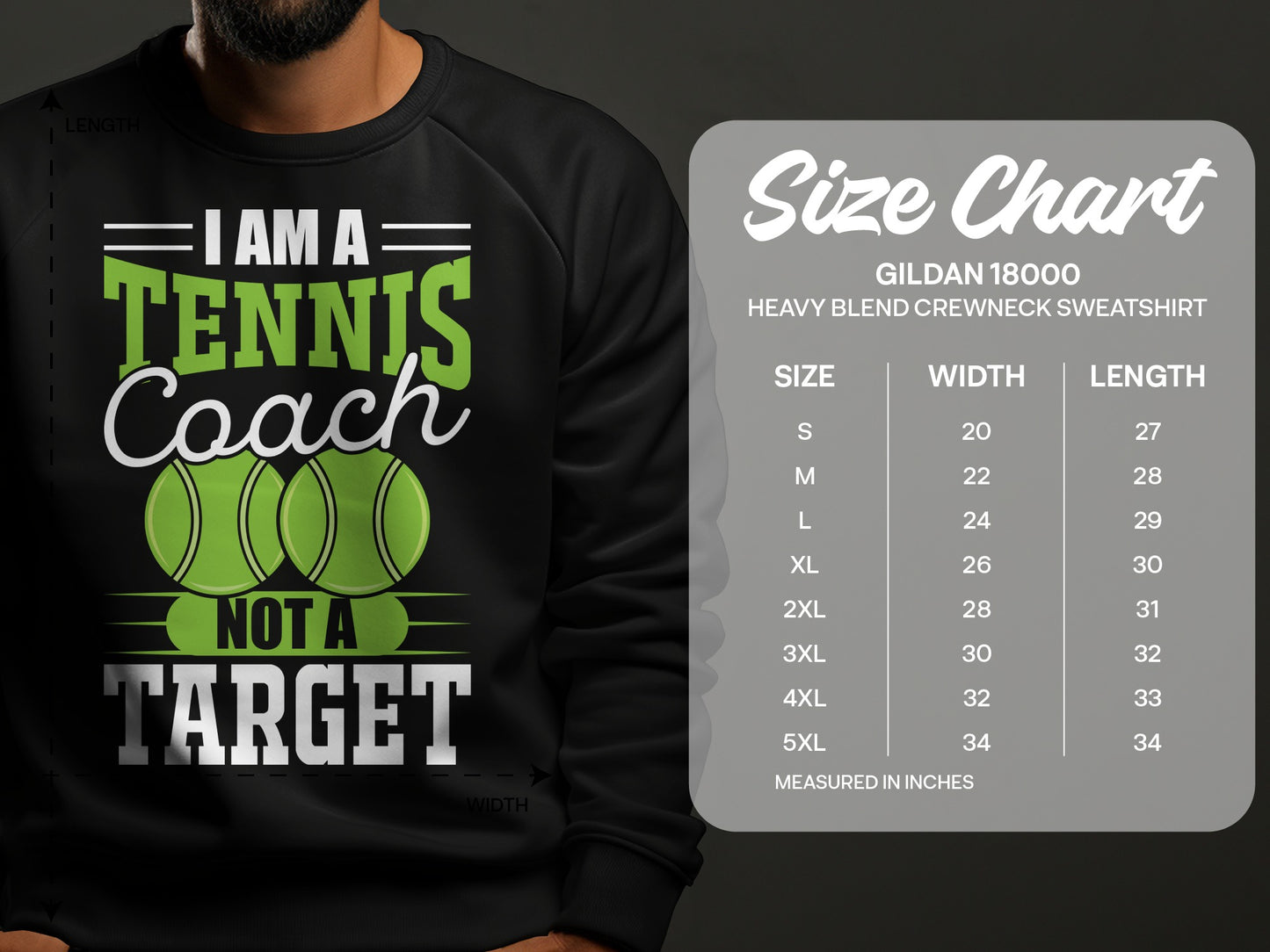 Gildan 18000 sweatshirt size chart with tennis coach graphic.
