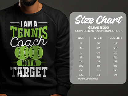 Gildan 18000 sweatshirt size chart with tennis coach graphic.