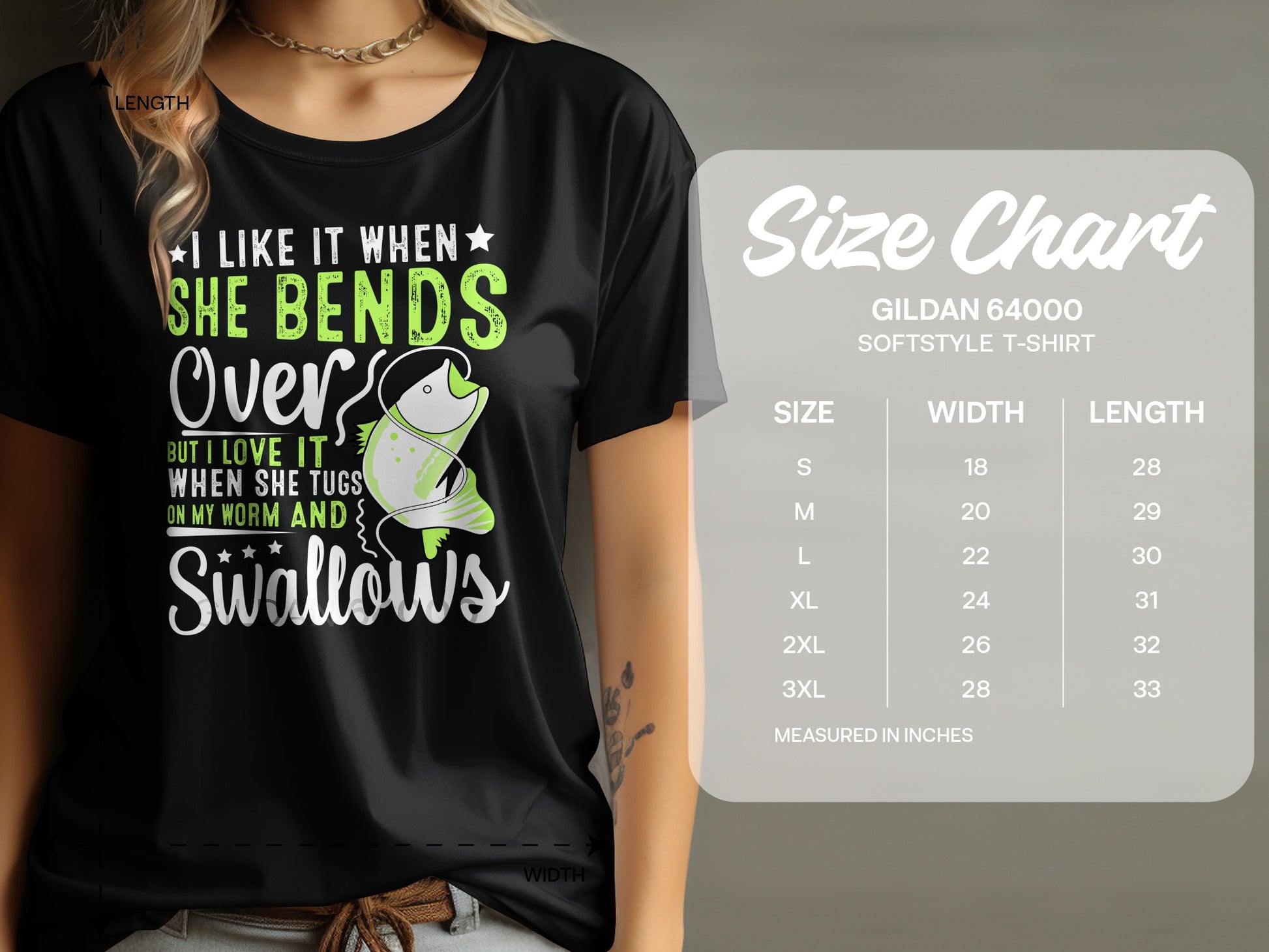 Black t-shirt with "I Like It When She Bends Over But I Love It When She Tugs On My Worm And Swallows" text and graphic.