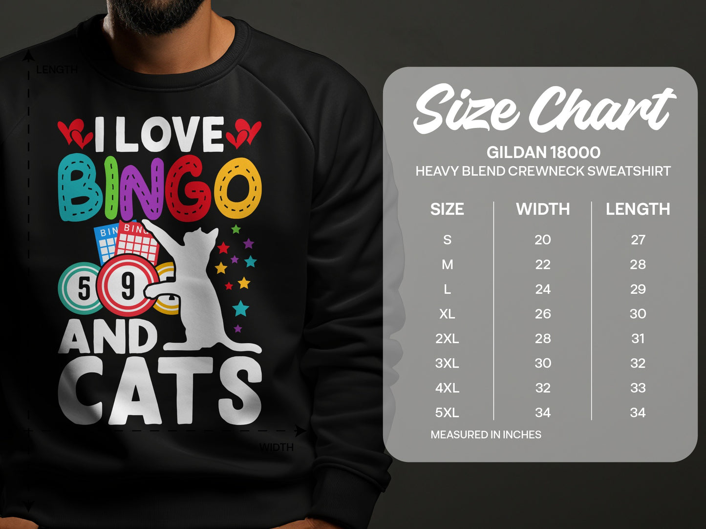 Black sweatshirt with "I Love Bingo and Cats" graphic and size chart.