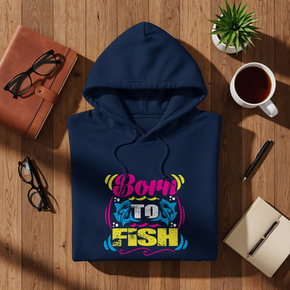 Navy hoodie with "Born to Fish" graphic featuring fish and vibrant lettering.