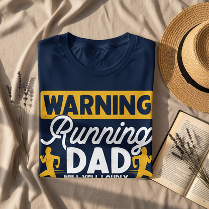 Navy t-shirt with "WARNING RUNNING DAD WILL YELL LOUDLY" text and running figures.