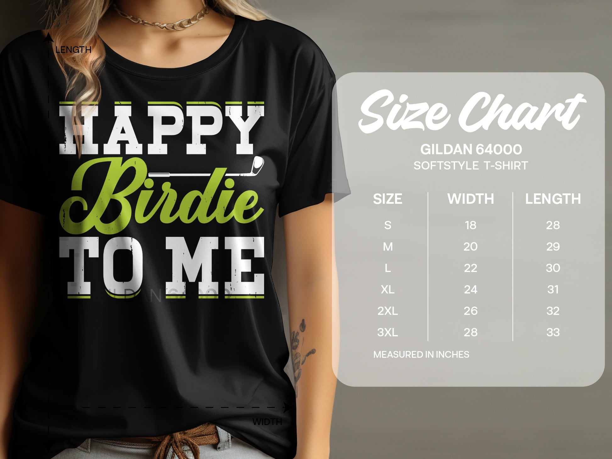 Black t-shirt with "HAPPY Birdie TO ME" text and size chart.
