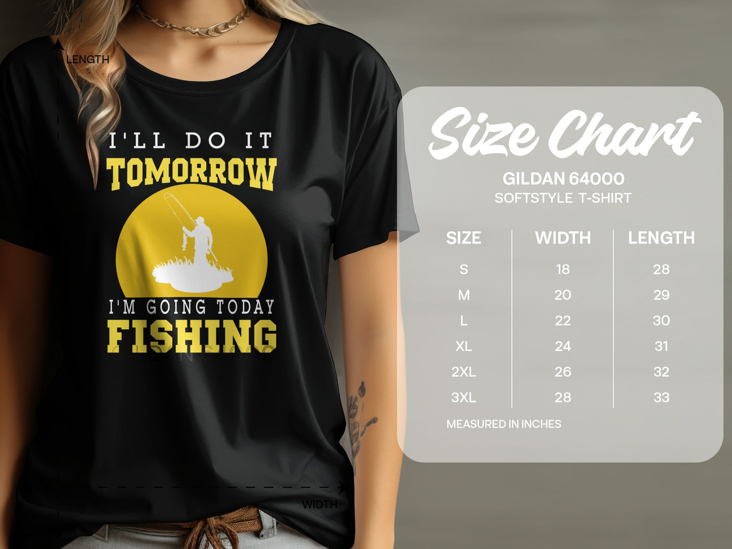 Black t-shirt with fishing graphic and size chart details.
