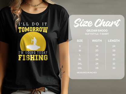 Black t-shirt with fishing graphic and size chart details.
