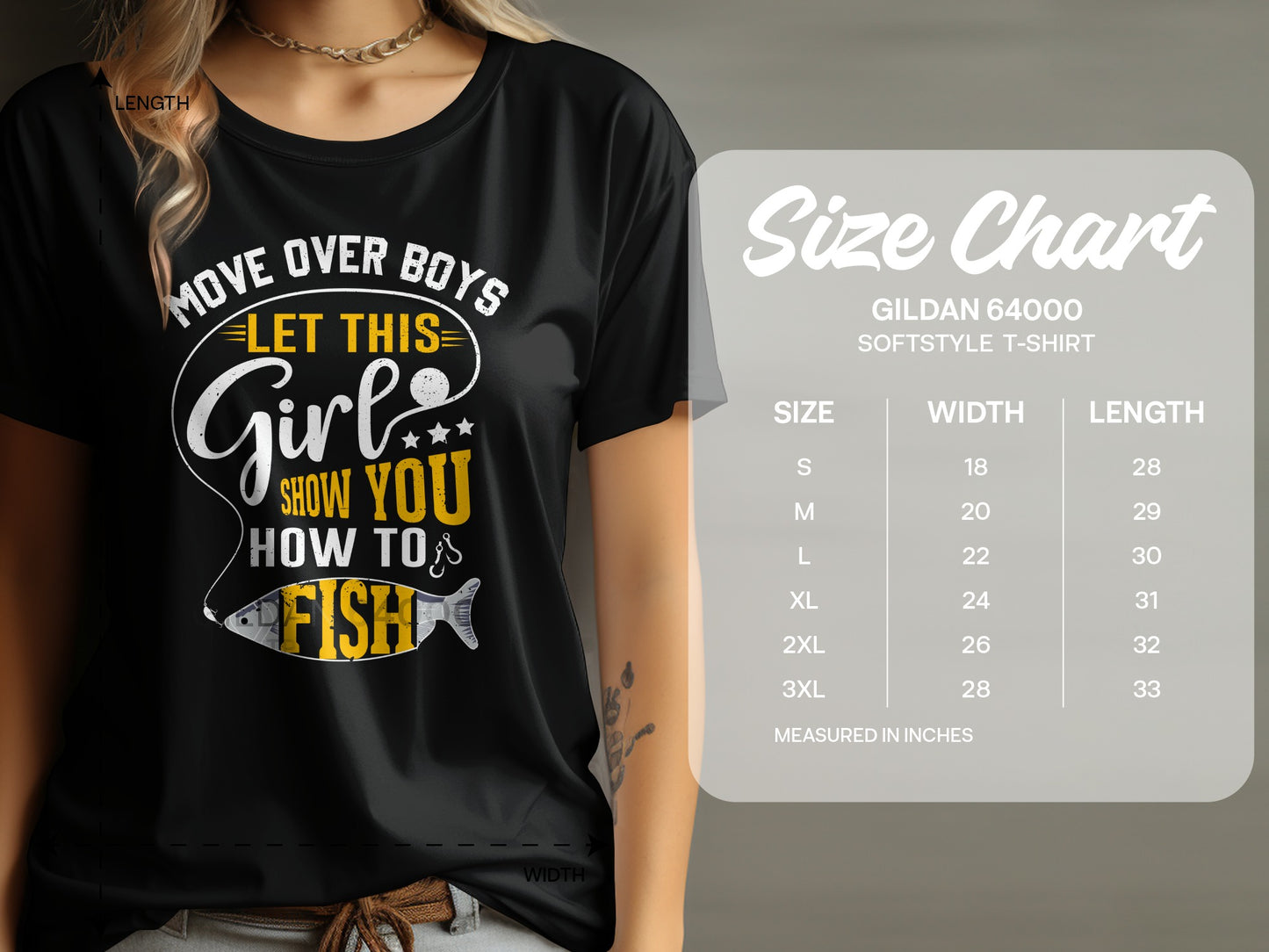 Black t-shirt with "Move over boys, let this girl show you how to fish" graphic and size chart.