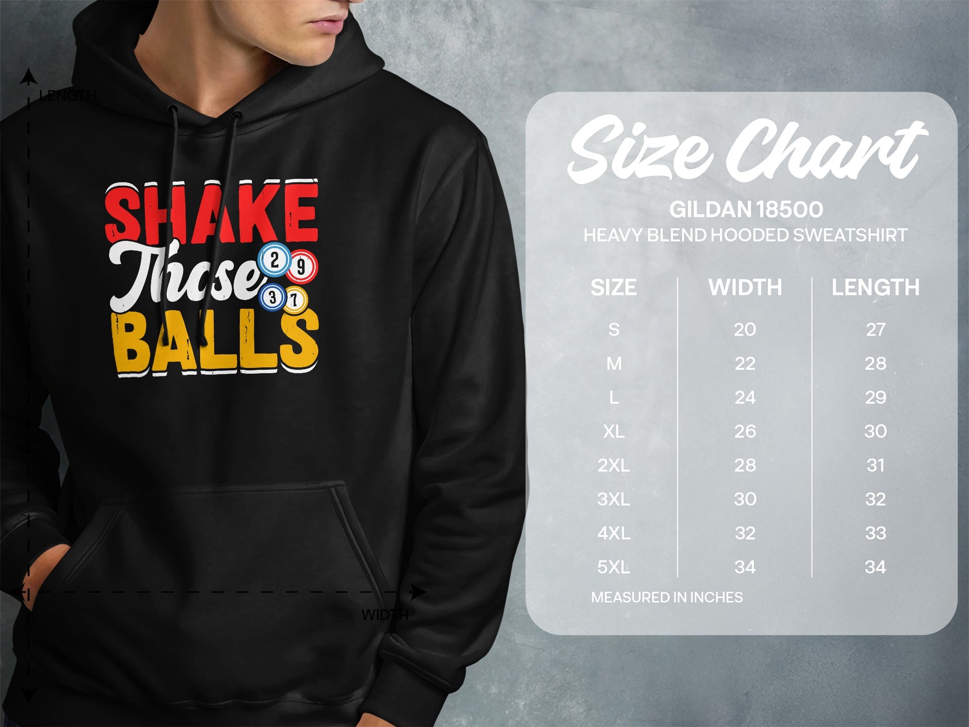 Hooded sweatshirt size chart with "Shake Those Balls" graphic.