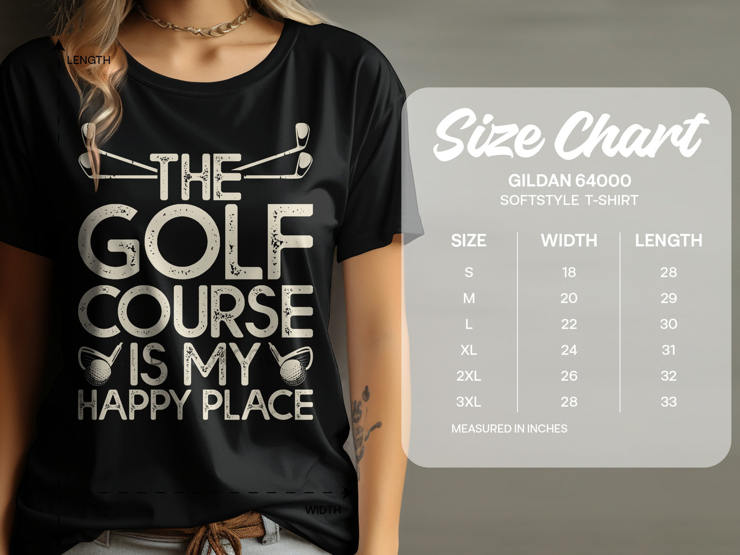 T-shirt with "The Golf Course Is My Happy Place" text and size chart.