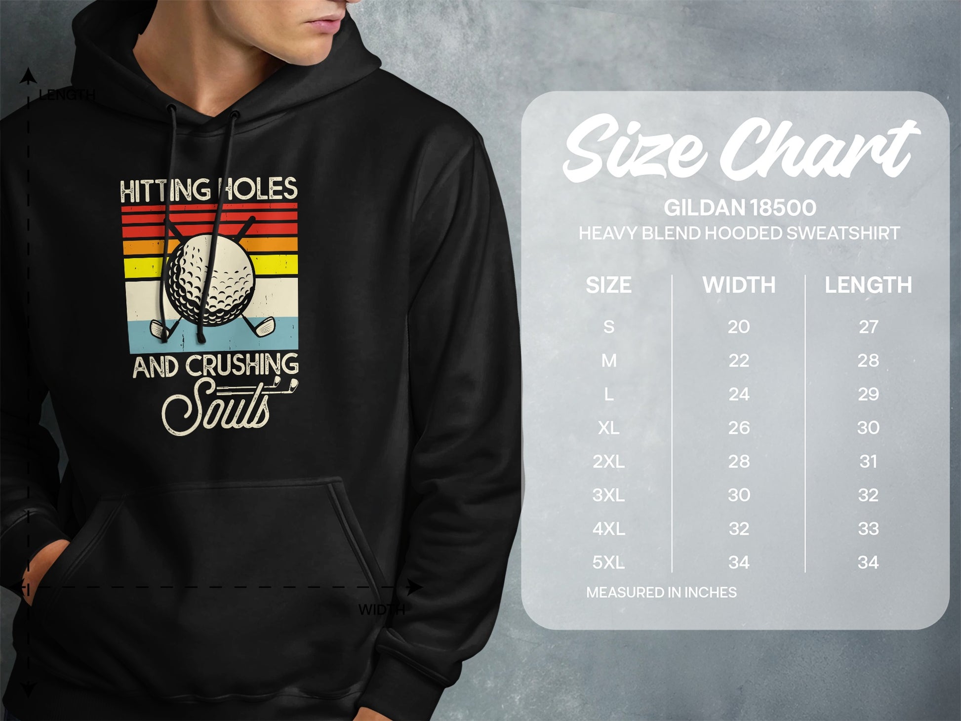 Hoodie size chart with graphic "Hitting Holes And Crushing Souls".