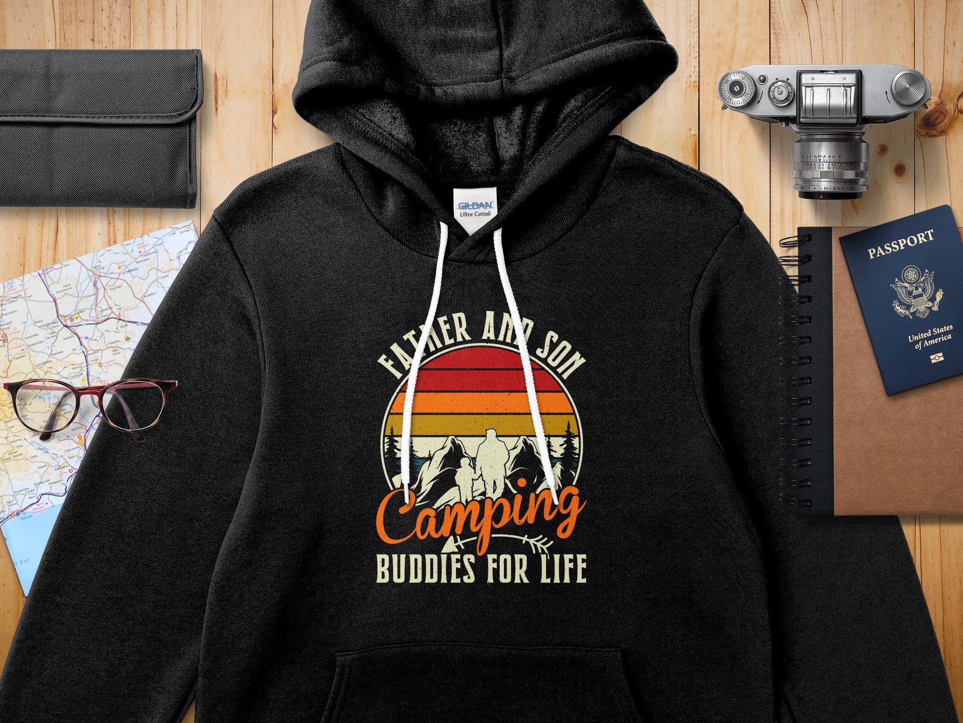 Black Gildan hoodie with "Father and Son Camping Buddies for Life" graphic.