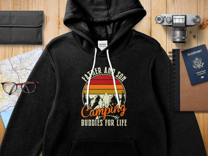 Black Gildan hoodie with "Father and Son Camping Buddies for Life" graphic.