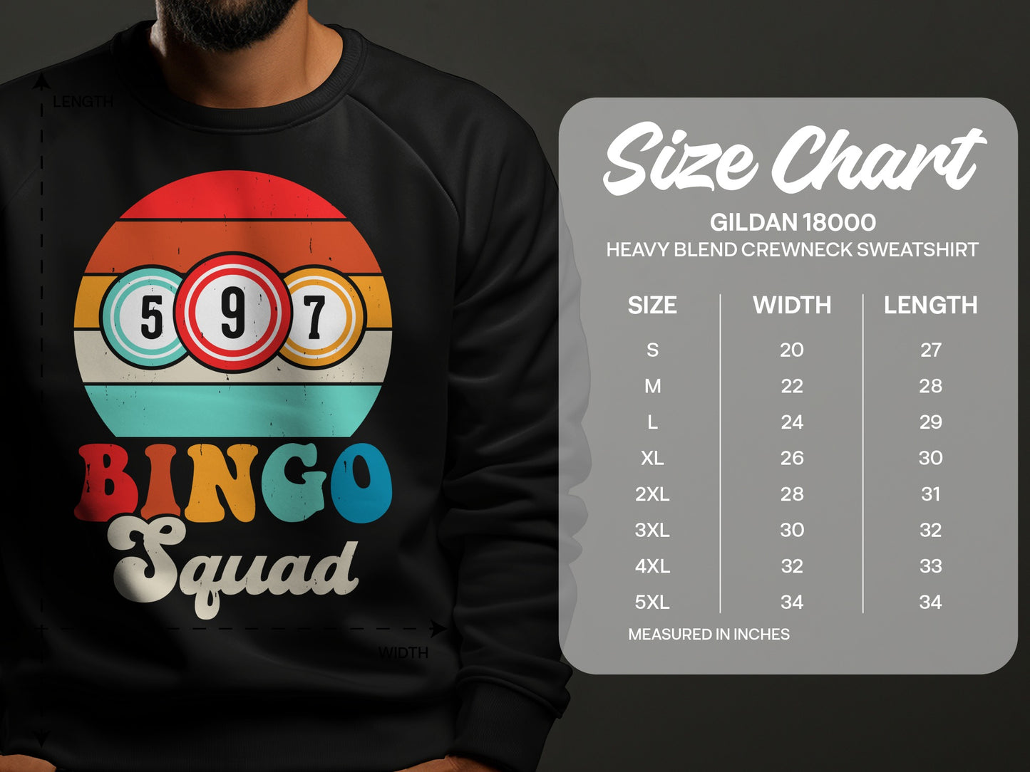 Gildan 18000 sweatshirt size chart with "Bingo Squad" graphic.